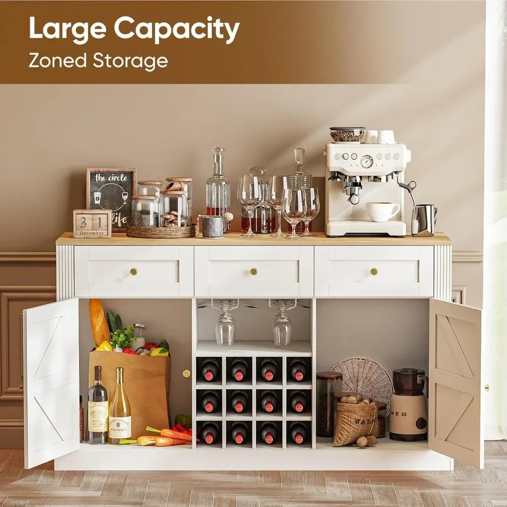 Farmhouse Wine Bar Cabinet with Wine Rack and Glass Holder 54 Inches