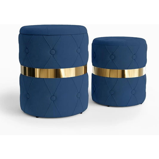 Round Storage Ottoman Set of 2 Velvet Stool Fully Assembled for Home Office