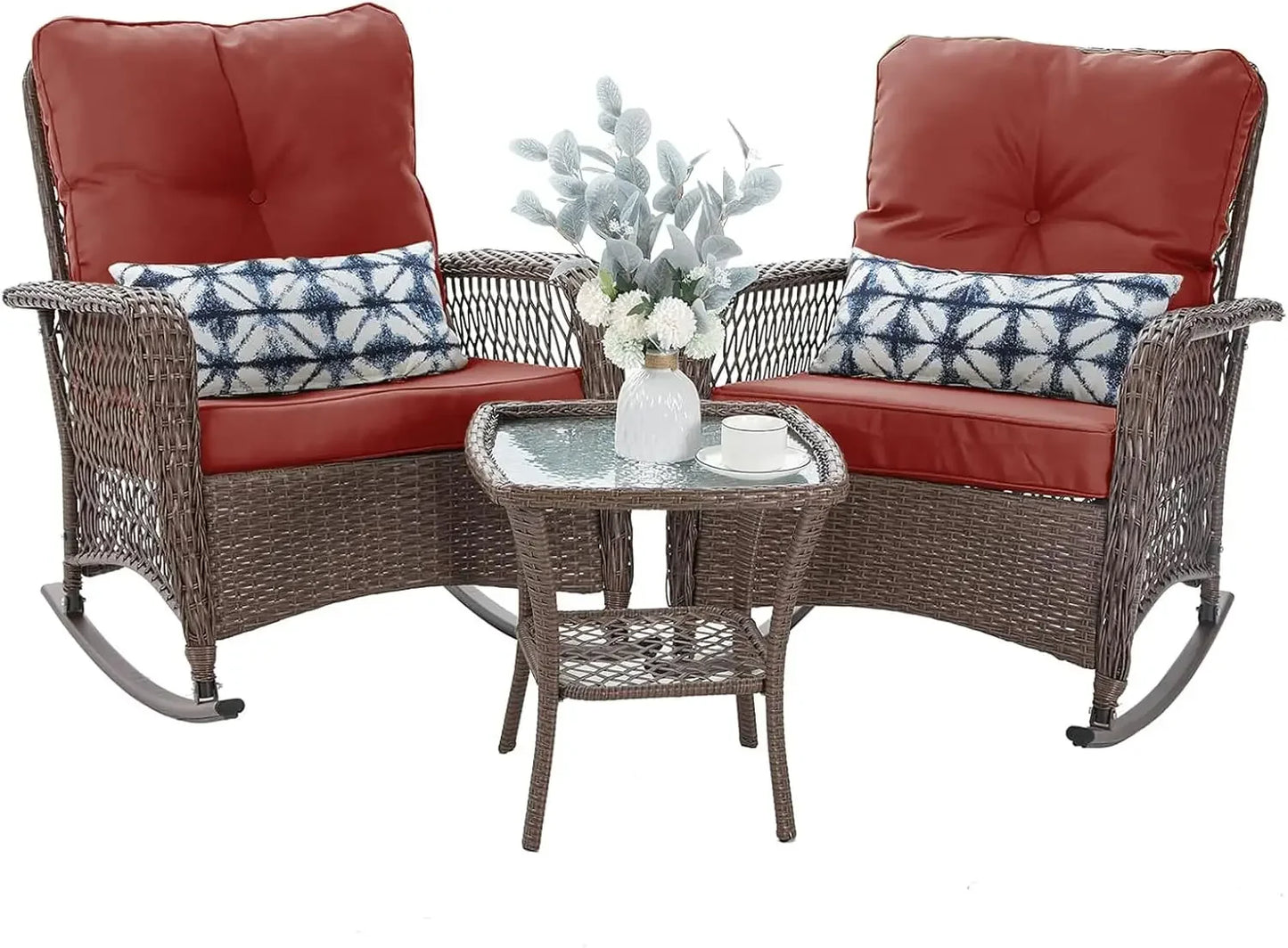 Ljustra 3 Piece Patio Furniture Set Wicker Rocking Chairs Coffee Table