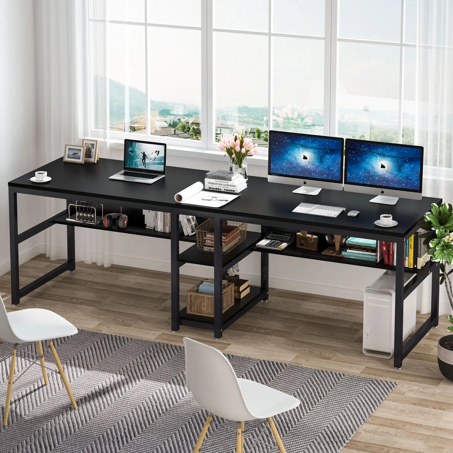 Ljustra Two Person Desk with Bookshelf Rustic Home Office Workstation