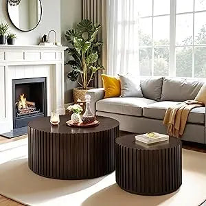 Round Wood Coffee Table Set of 2 Handcrafted Modern Accent Tables