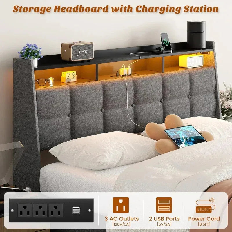 Ljustra Upholstered Full Bed Frame with Storage Headboard and LED Light