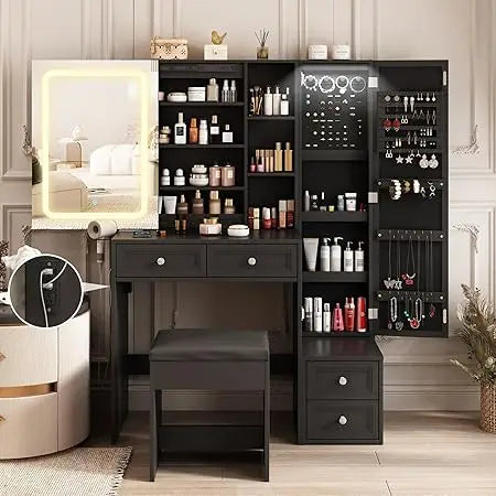 Makeup Vanity Desk with LED Mirror Jewelry Storage Charging Station