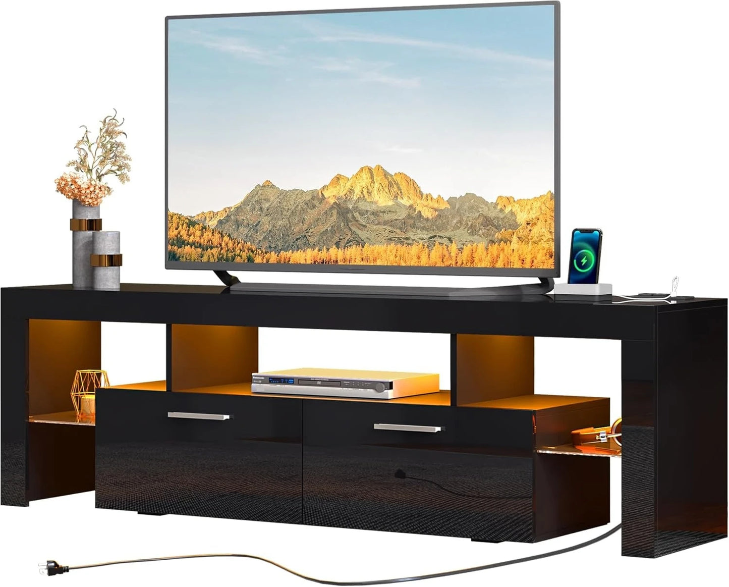 Modern White LED TV Stand with Large Storage Drawer for Living Room