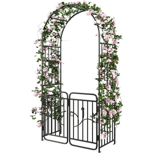 Metal Garden Arbor with Gate Outdoor Arch for Climbing Plants Weddings