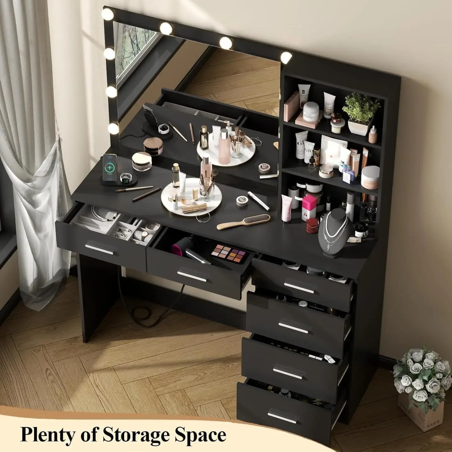 Vanity Desk Lighted Mirror with Power Outlet and 6 Drawers Makeup Table