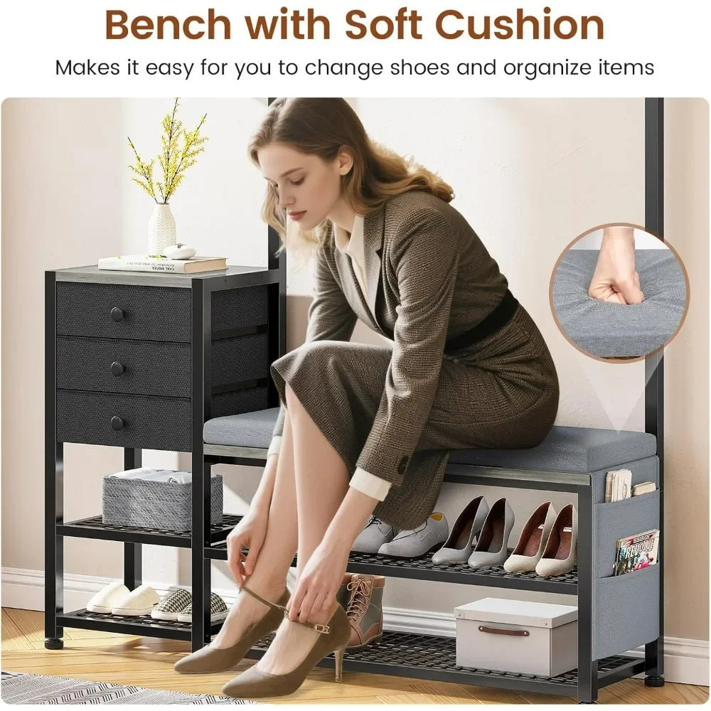 7-in-1 Entryway Bench Coat Rack with Storage Cushion and Drawers