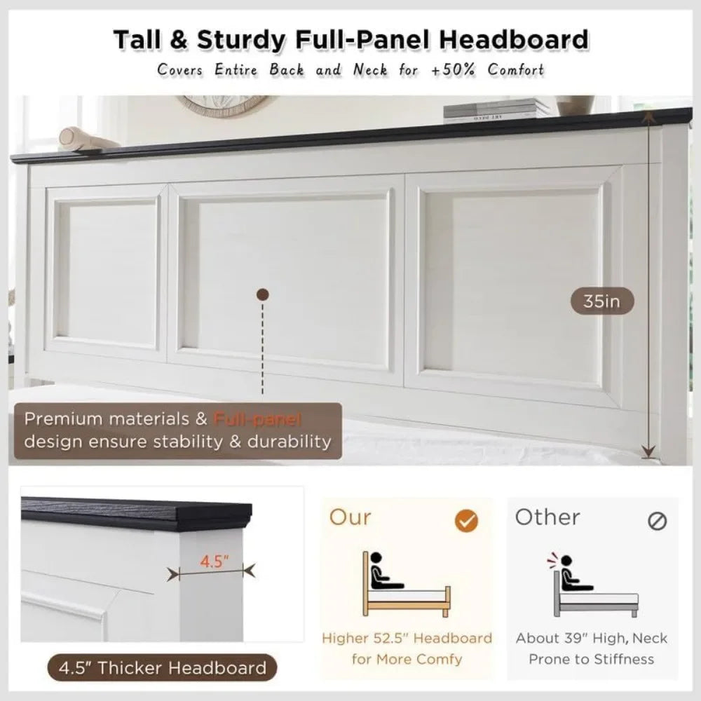 Farmhouse King Size Bed Frame with Tall Headboard and Storage Drawers