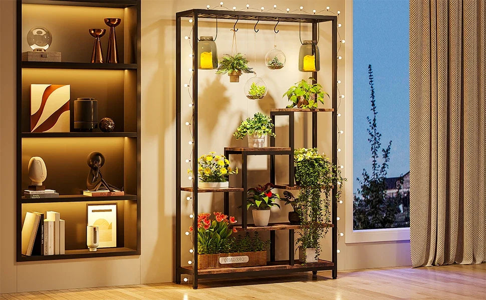 Ljustra 5 Tier Tall Indoor Plant Stand Shelf with Hanging Hooks