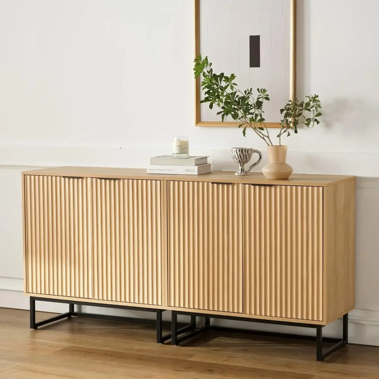 Fluted Storage Cabinet Set of 2 Modern Accent Sideboard Buffet Console