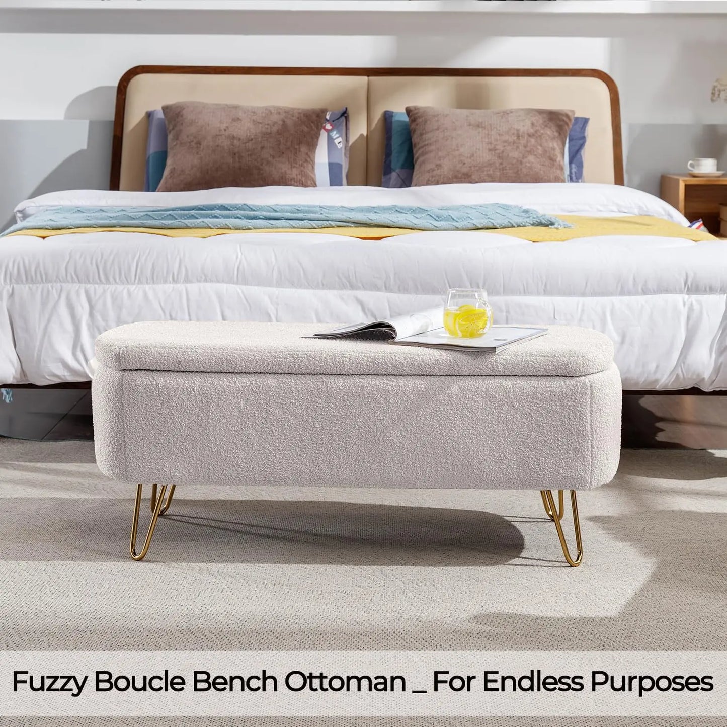 40 Inch Boucle Sherpa Ottoman Bench Storage Upholstered Gold Legs