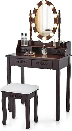 Vanity Table Set Lighted Mirror Adjustable Brightness Makeup Desk