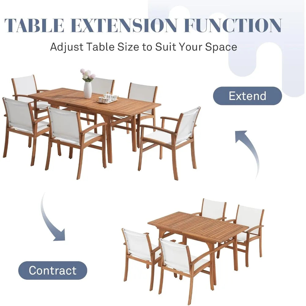 Acacia Wood Patio Dining Set Expandable Table Chairs for 6-8 Outdoor