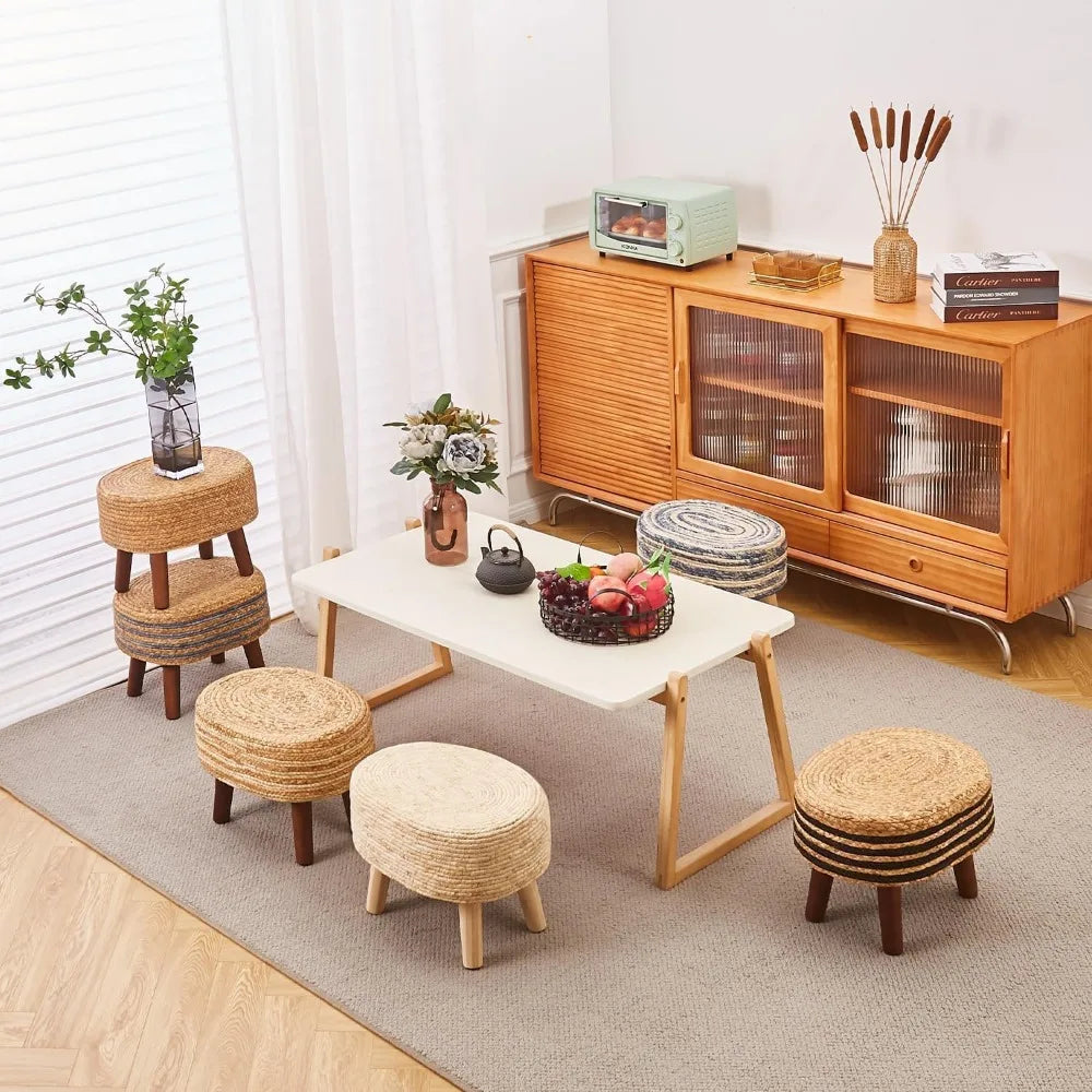 Round Seagrass Ottoman Eco-Friendly Footstool Hand Woven Pouf