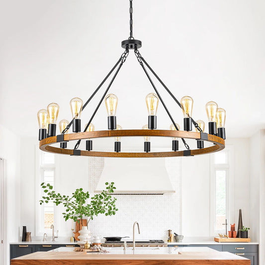 Wood Wagon Wheel Chandelier Rustic Farmhouse 16-Light Pendant Light