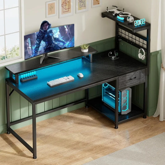 Ljustra 48 Inch Reversible Computer Desk with Power Outlets and LED Lights