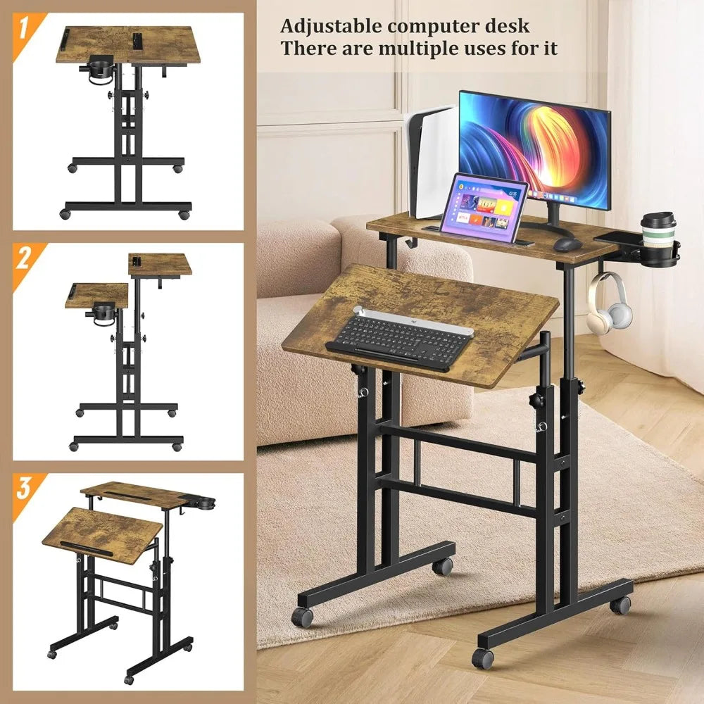 Mobile Small Standing Desk with Wheels Portable Adjustable Table