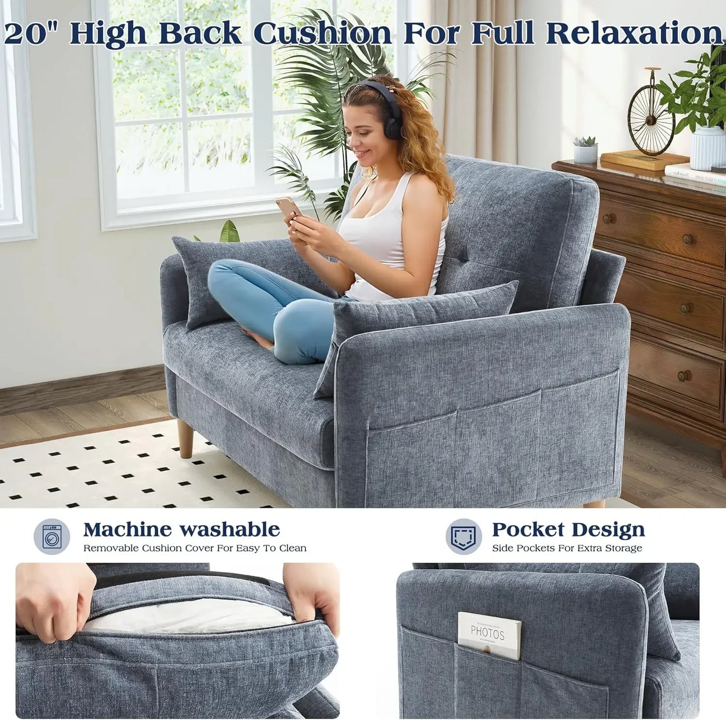 Loveseat Sofa 47 Inch Small Couch for Living Room Bedroom Chenille