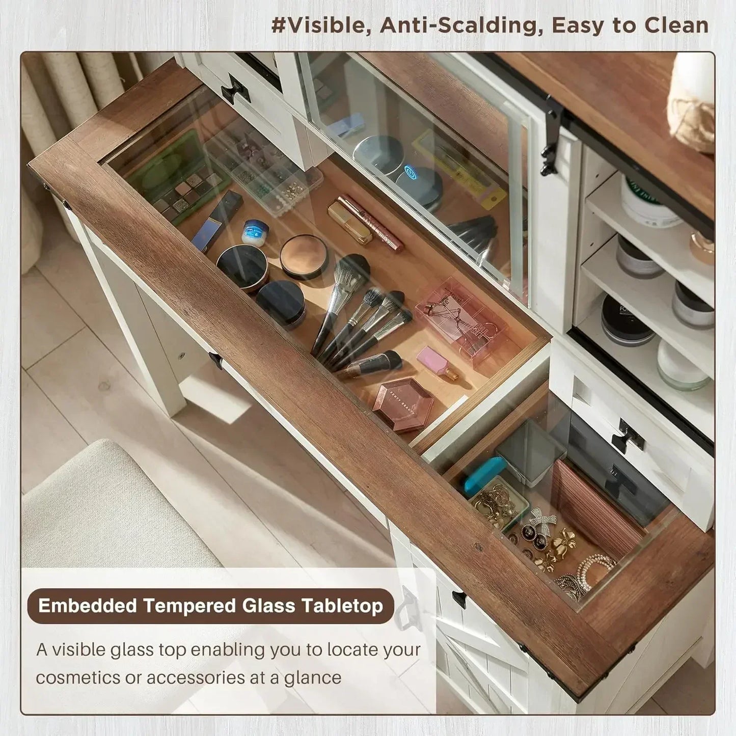 Farmhouse Makeup Vanity Desk Sliding Mirror Lights 42 Inch 2 Drawers