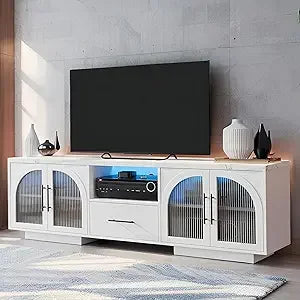 70 Inch TV Stand Entertainment Center with LED Lights and Glass Doors