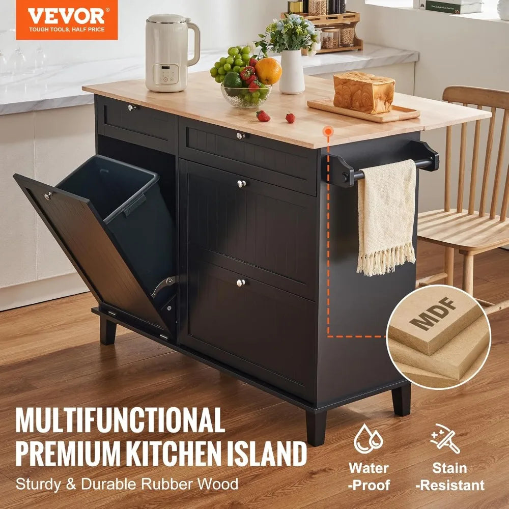 Kitchen Island Cart Wood Top Breakfast Bar with Trash Cabinet Storage
