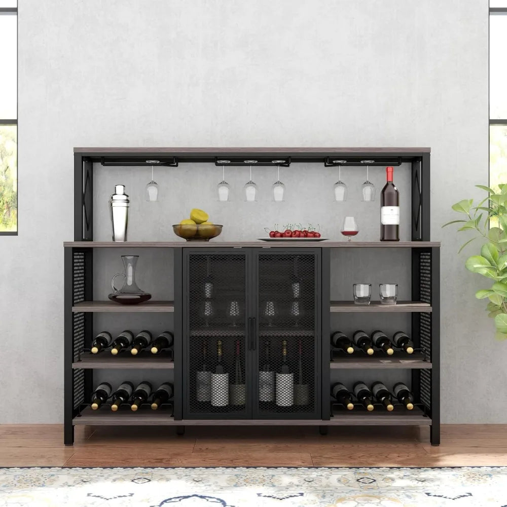 Bar Cabinet 55 Inch Coffee Bar Cabinet with Wine Rack Glass Holder
