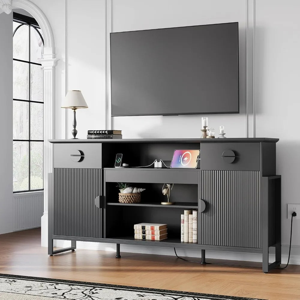 Fluted TV Stand 70 Inch for Living Room with Charging Outlets for TVs Up to 80 Inch