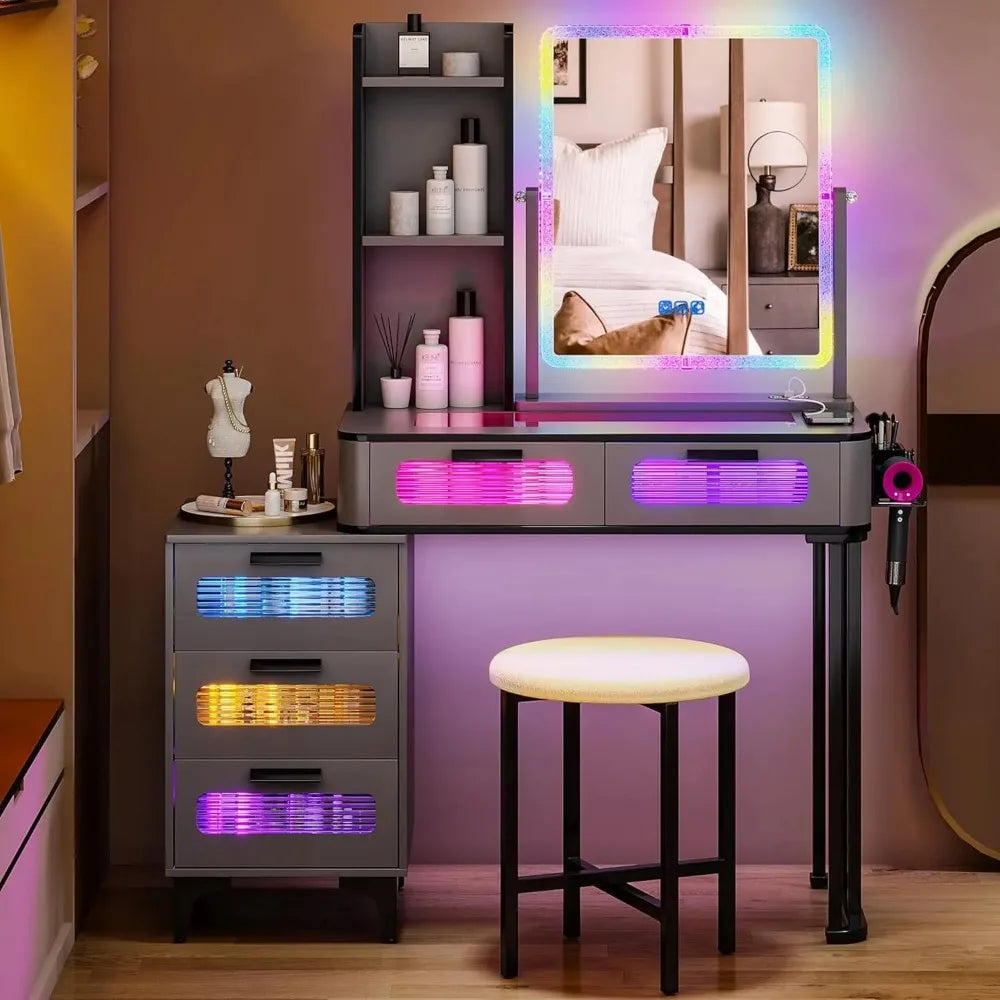 Makeup Vanity Table with Wireless Charging USB Ports 5 Drawers LED Mirror