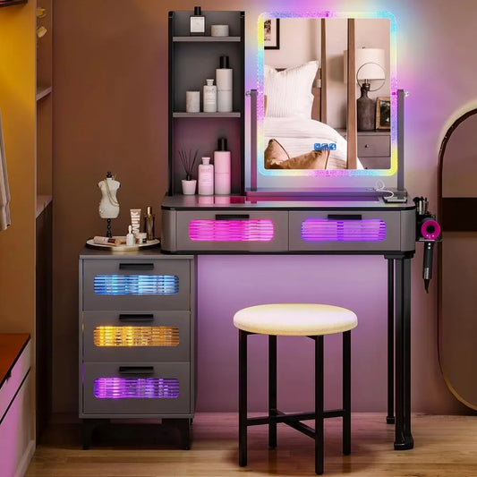 Makeup Vanity Table with Wireless Charging USB Ports 5 Drawers LED Mirror
