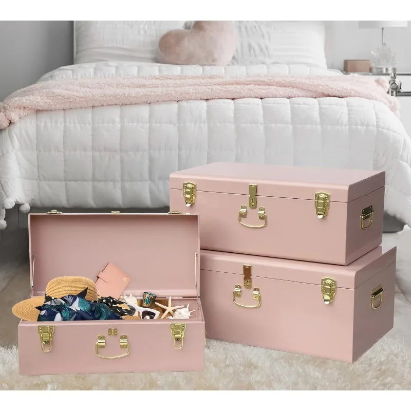 Decorative Box Set 3 Metal Trunks Chest Storage with Lock for Home Decor