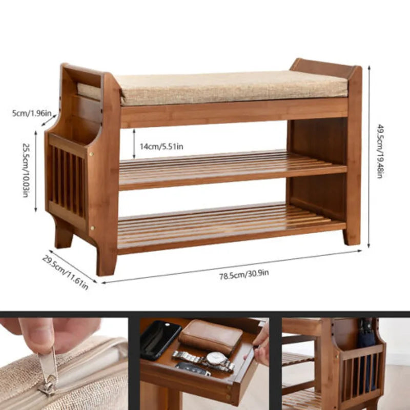 2-Tier Bamboo Shoe Bench with Removable Cushion Storage Organizer