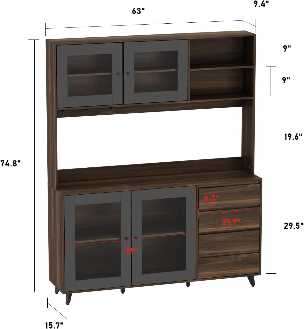 63 Inch Large Kitchen Hutch Cabinet Freestanding Pantry Storage Cupboard