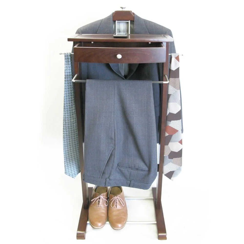 Elegant Dark Walnut Dresser Valet Stand with Drawer Satin Nickel Hardware