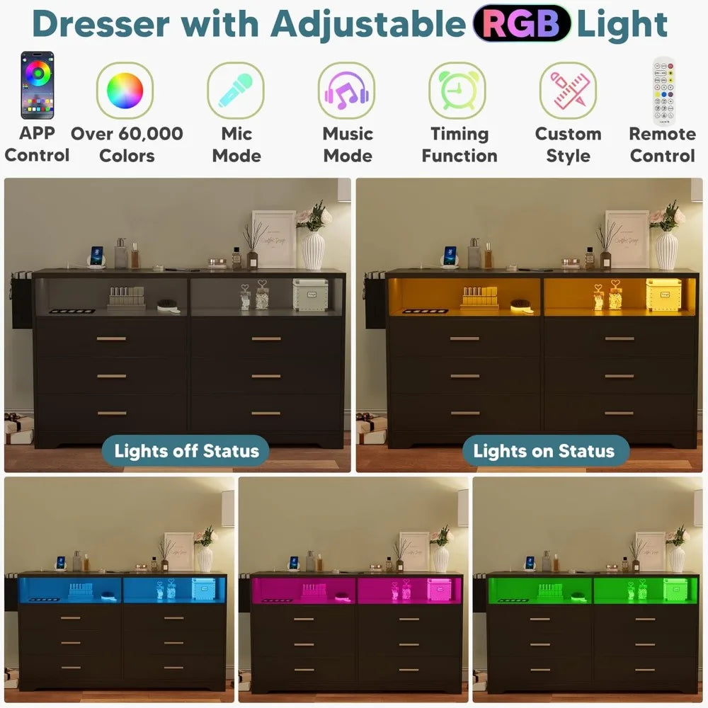 6 Drawer Dresser Charging Station Modern Chest of Drawers LED Lights