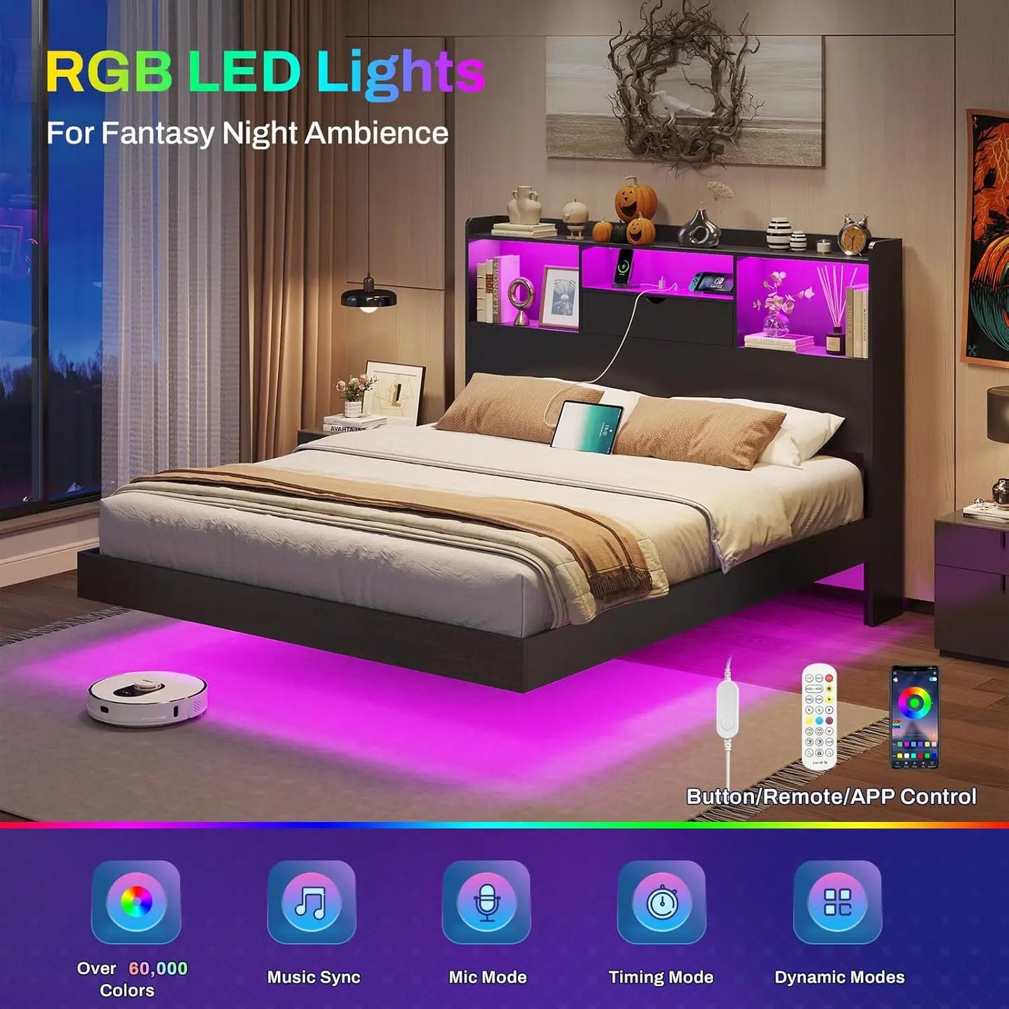 Full Floating Bed Frame with LED Lights Headboard Storage Full Size