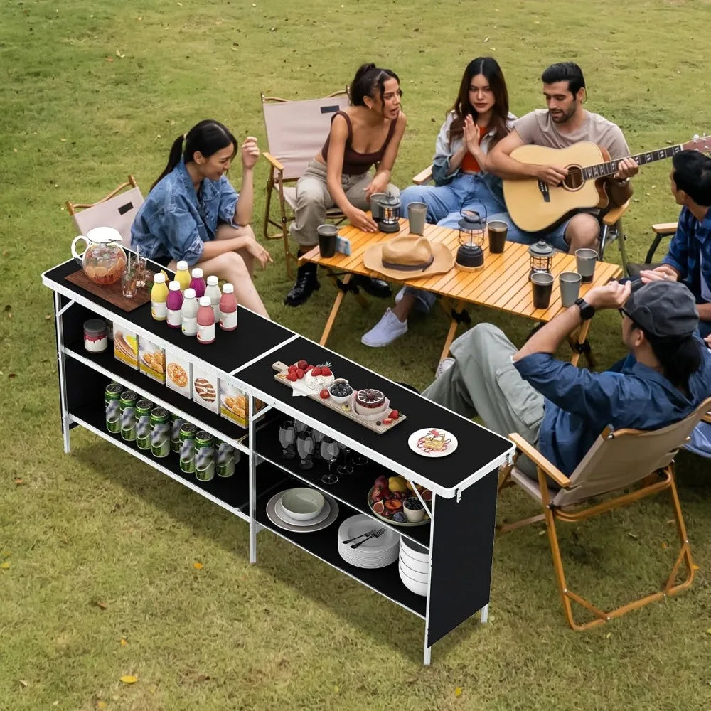 81 Inch Extra Long Portable Bar Table with Storage Shelves Folding Station