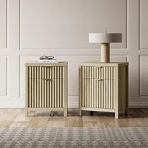 Nightstand Set of 2 Fluted Modern End Tables with Charging Station