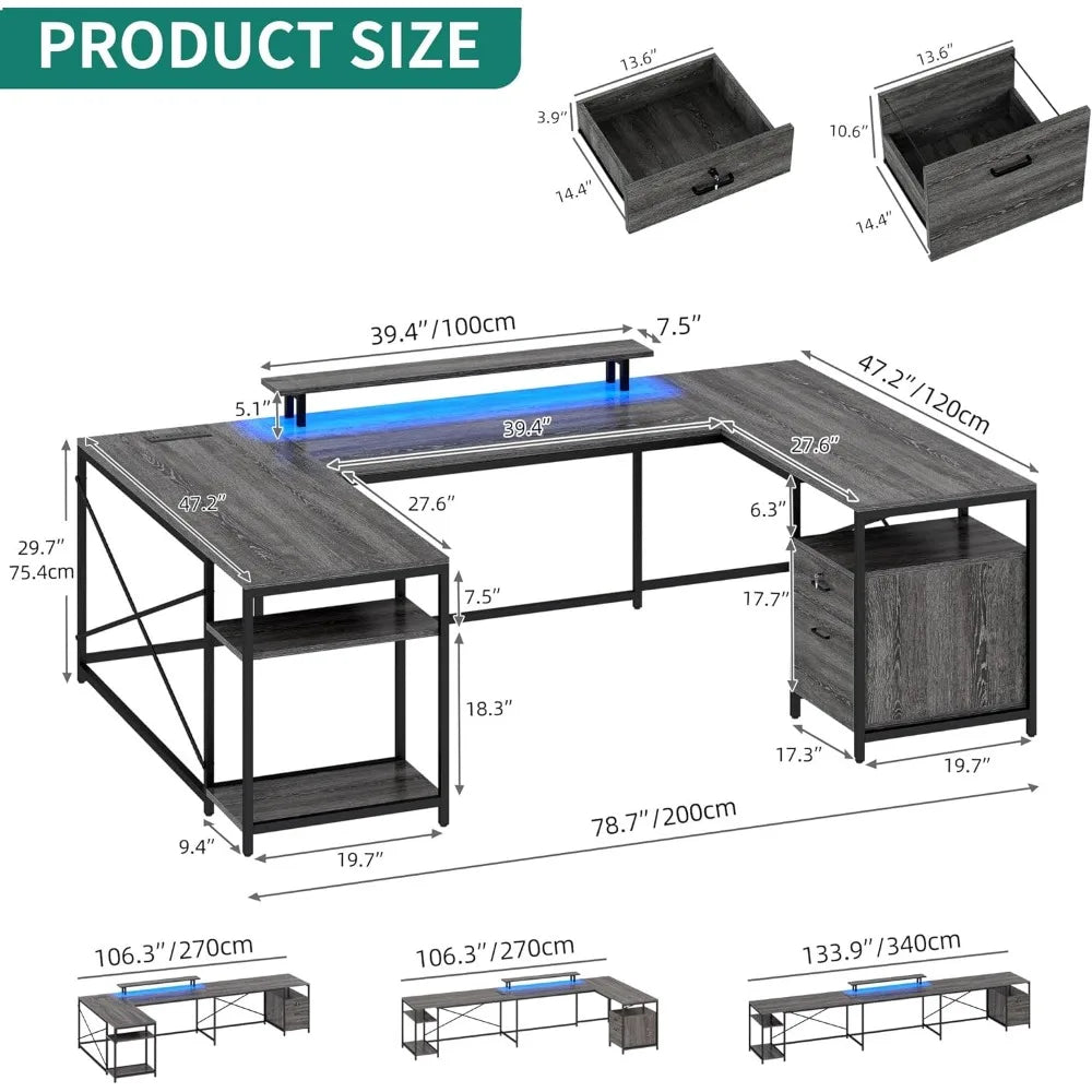 U Shaped Desk with Power Outlets LED Lights Reversible L Shaped Desk