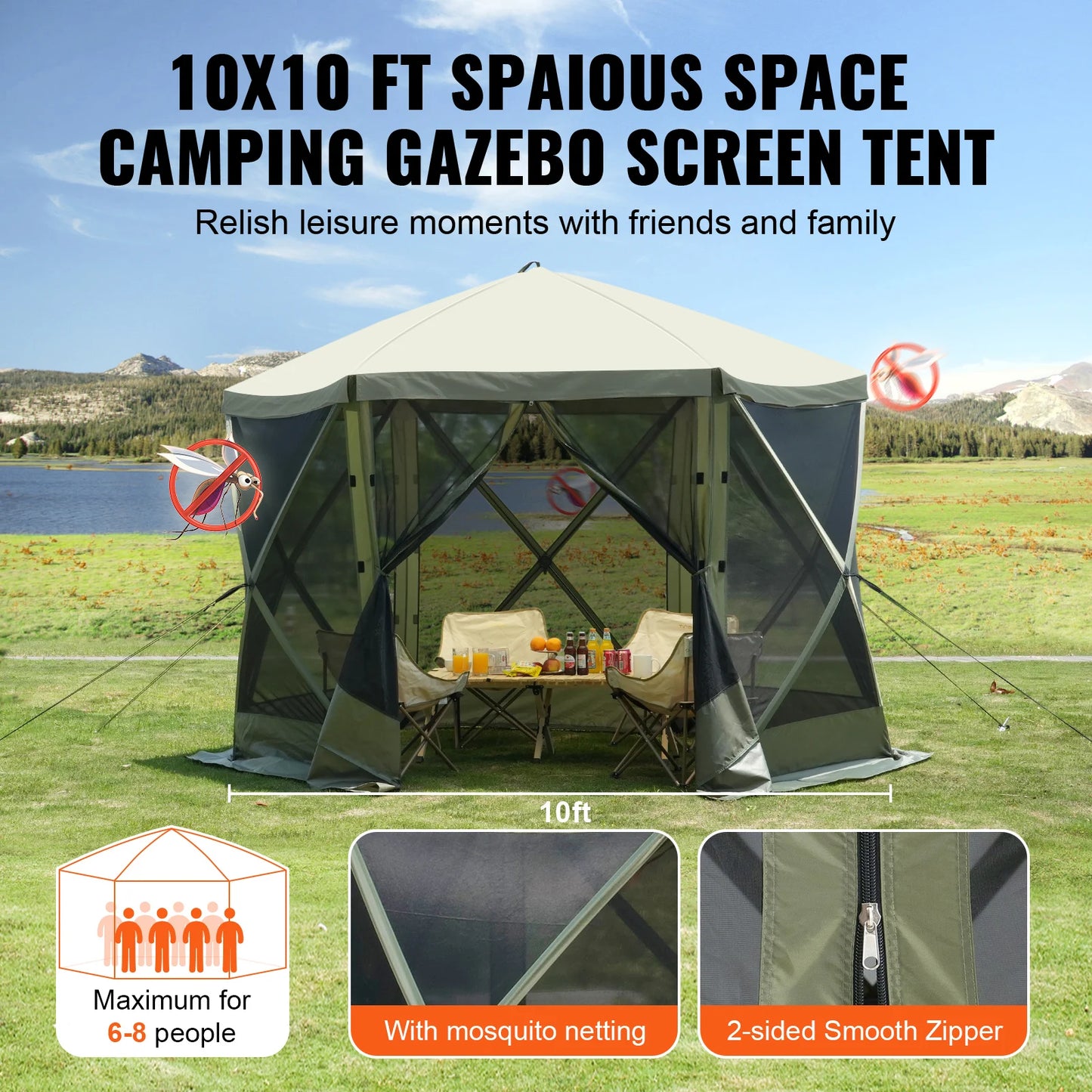 Ljustra Pop Up Gazebo Tent 10x10ft 6 Sided Screen Shelter with Privacy Cloths