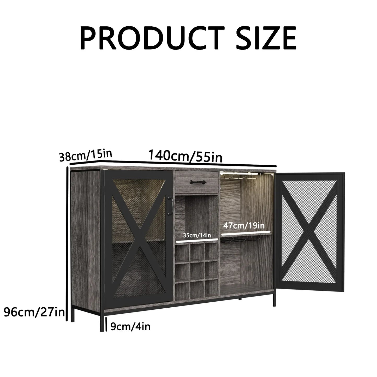 55 Inch Vintage Wooden Bar Cabinet with Drawer for Kitchen Dining Room