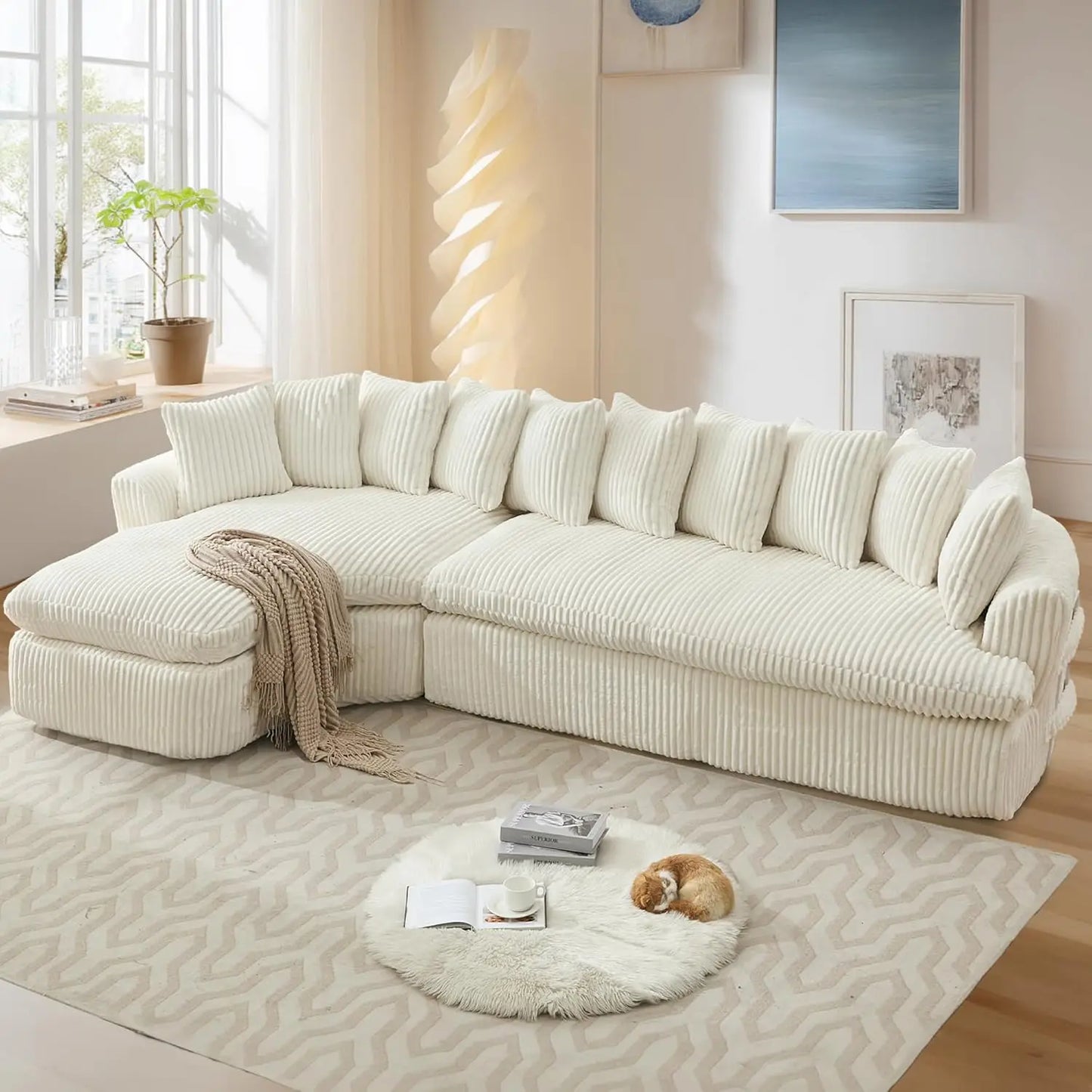 127” Curved L-Shaped Corduroy Sectional Sofa Deep Seat Cloud Couch w/ Pillows