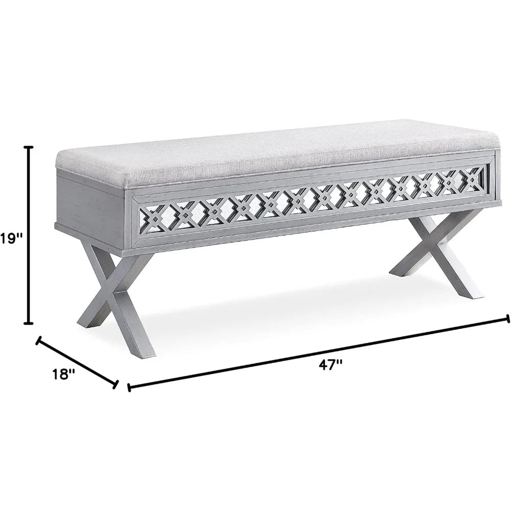 Mirrored Diamond Filigree Lift Top Storage Bench for Bedroom Foyer