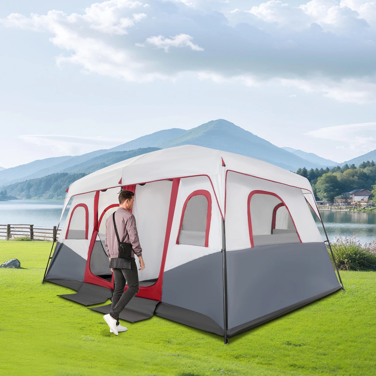 Outdoor Camping Tent for 8-12 People with Storage Pocket and Zippers