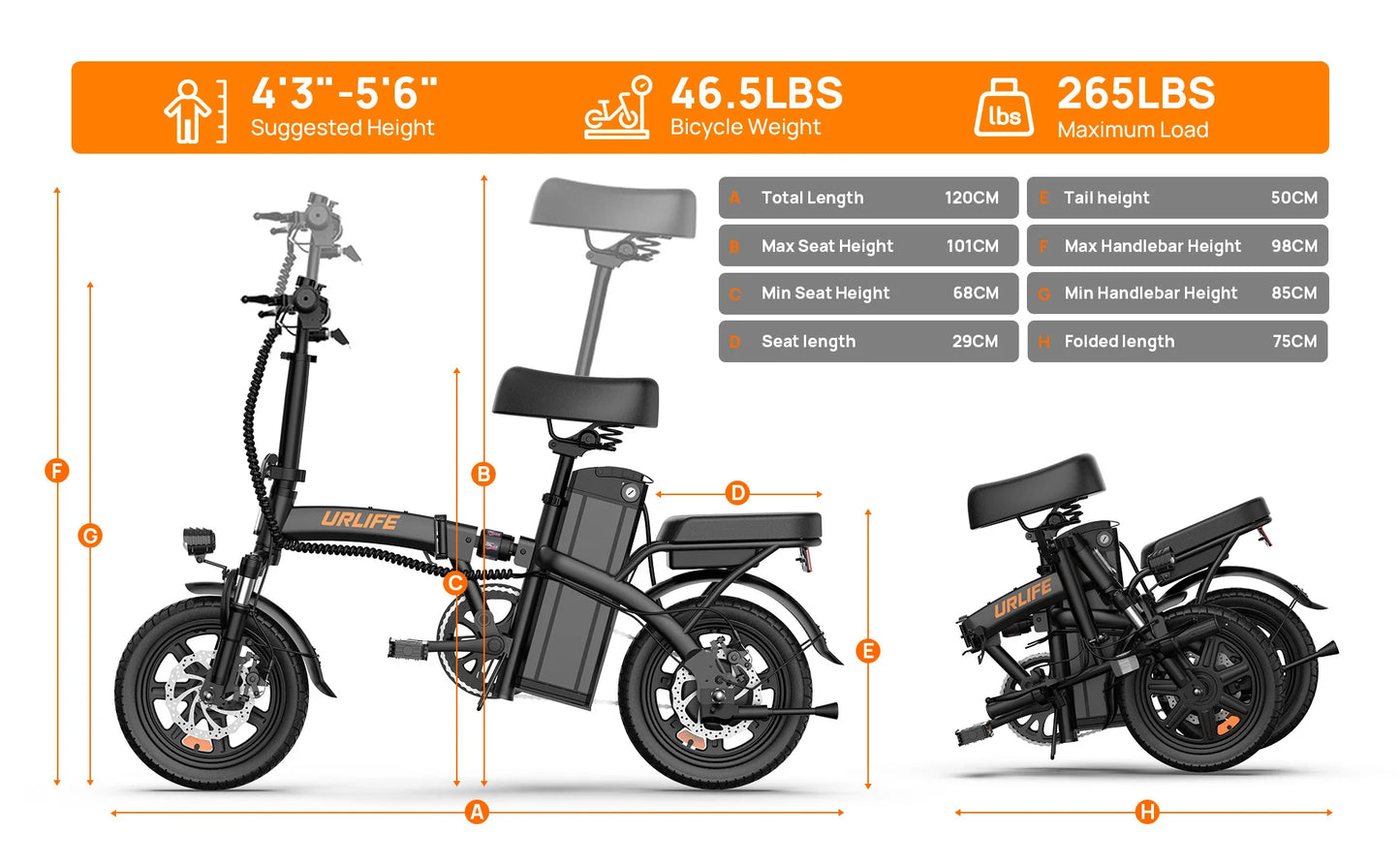 14 Inch Foldable Electric Bicycle Peak 500W Motor 48V 40 Miles Range