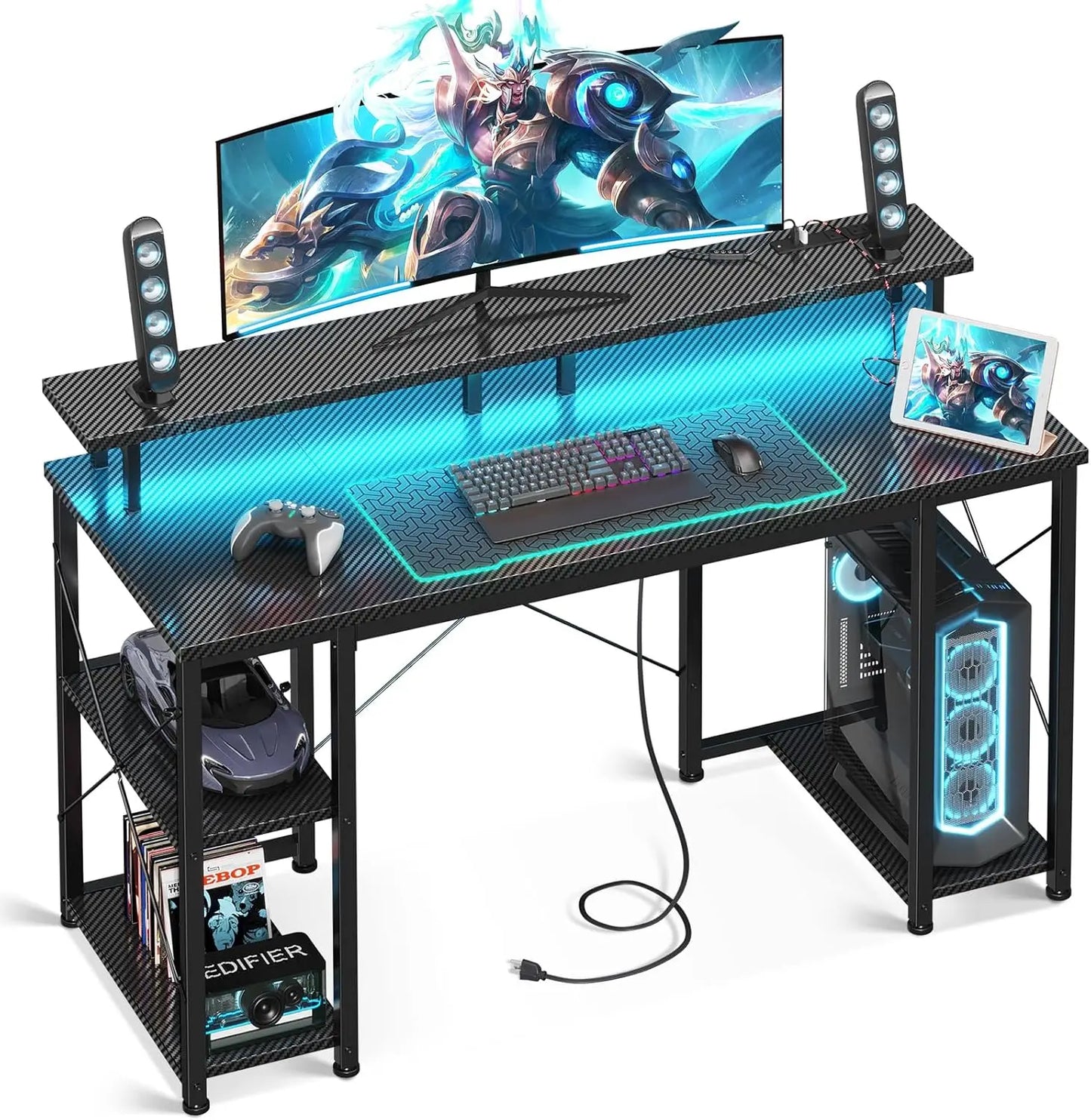 48 Inch Gaming Desk with LED Lights Power Outlets Monitor Stand Storage