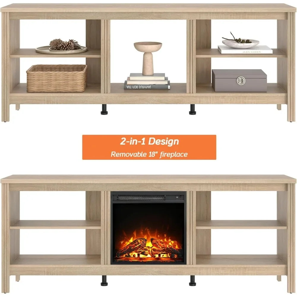 Electric Fireplace TV Stand for 75 Inch TV Modern Oak Console