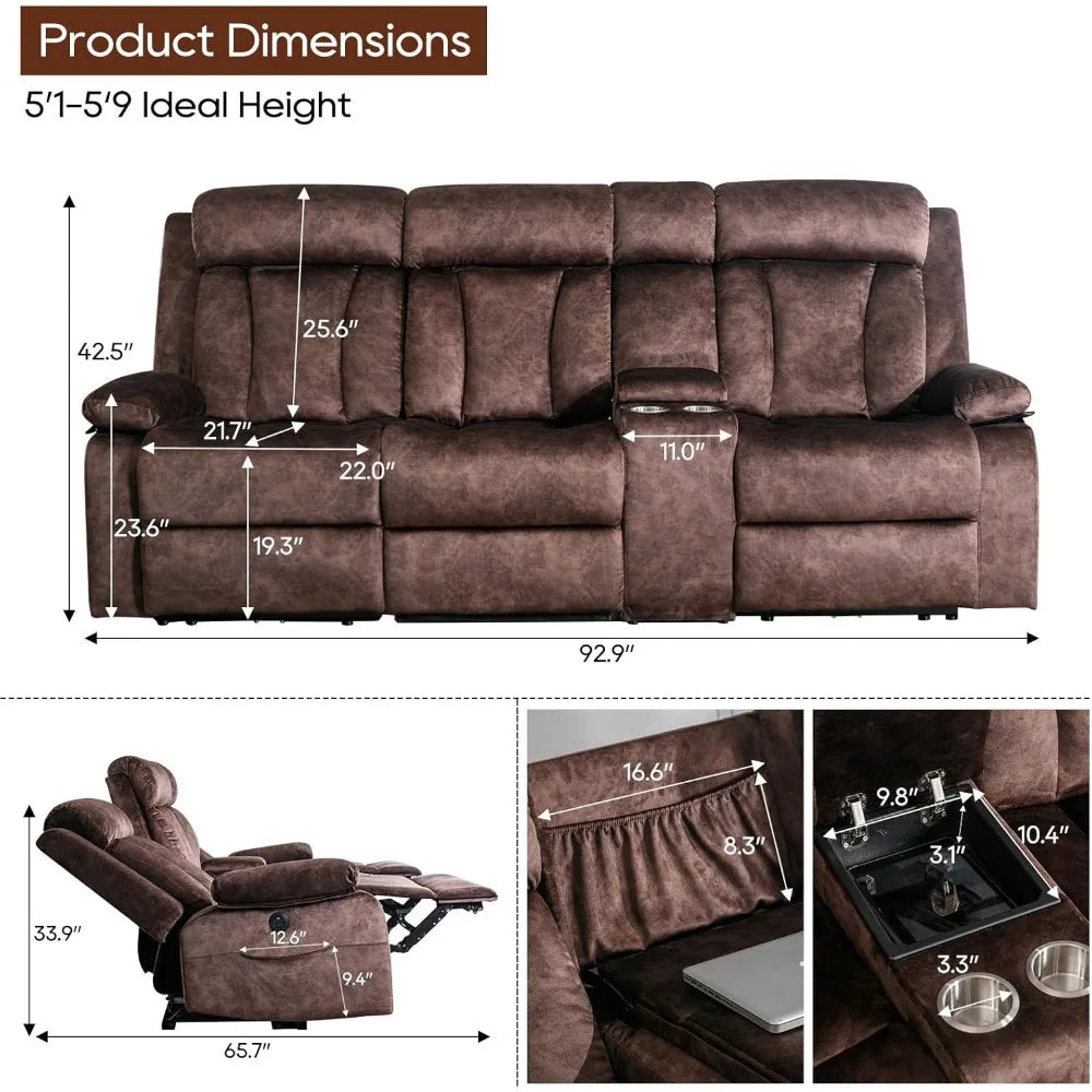 Ljustra 3 Seat Reclining Sofa with Massage Heat Cup Holders USB Ports
