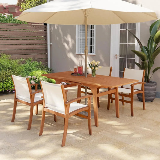 Acacia Wood Patio Dining Set Expandable Table Chairs for 6-8 Outdoor