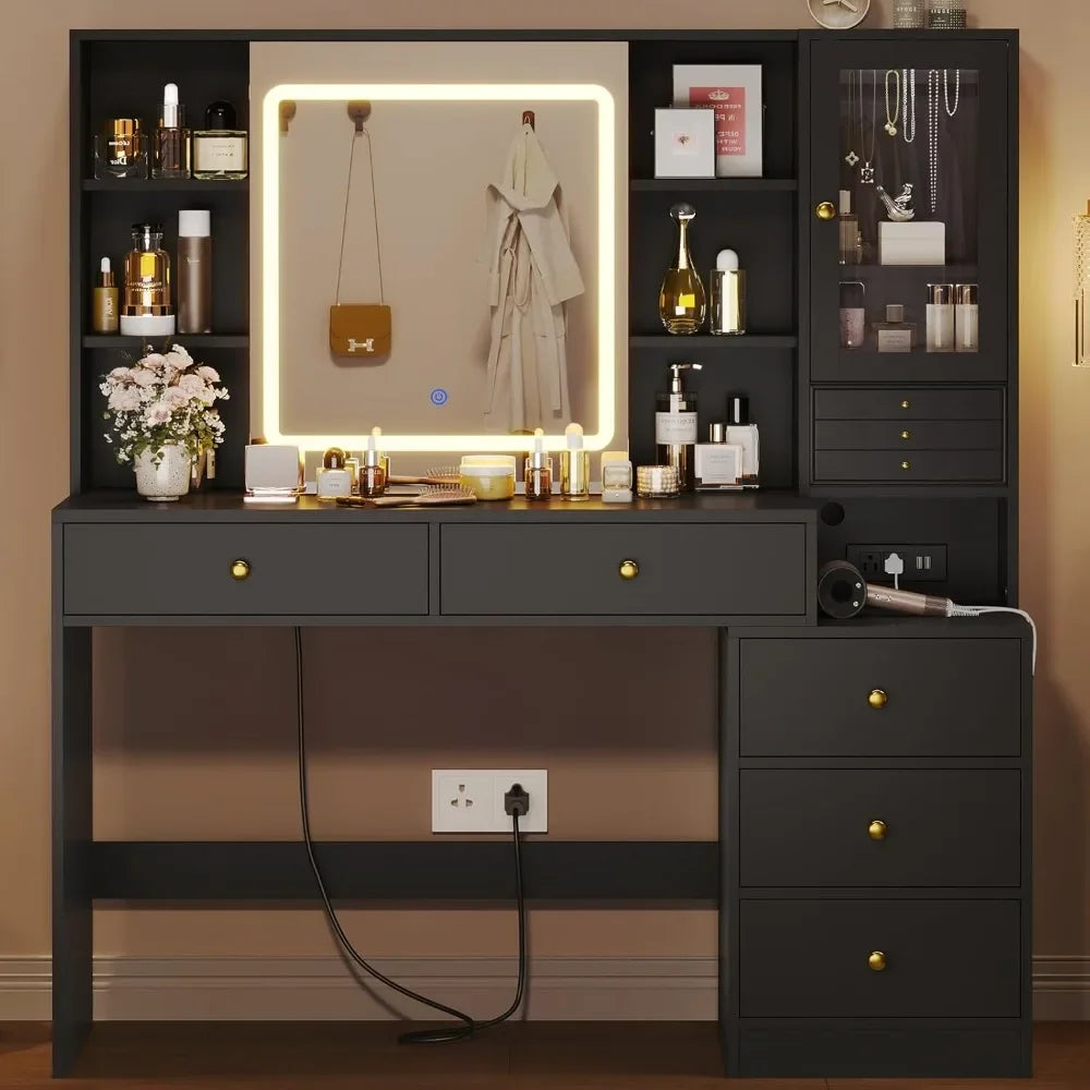 Makeup Vanity Desk with Sliding Mirror Jewelry Organizer and 5 Drawers