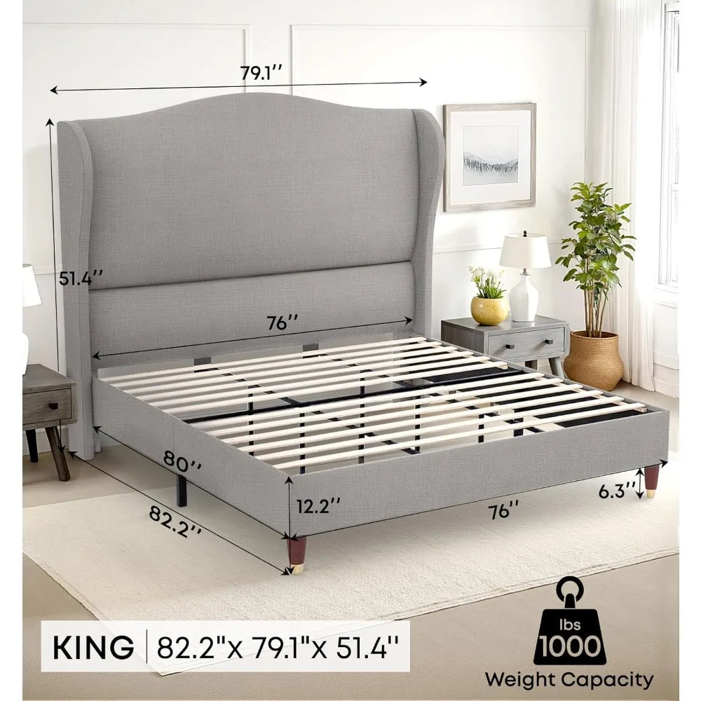 Ljustra 51.4" King Size Bed Frame Upholstered Platform Wingback Design